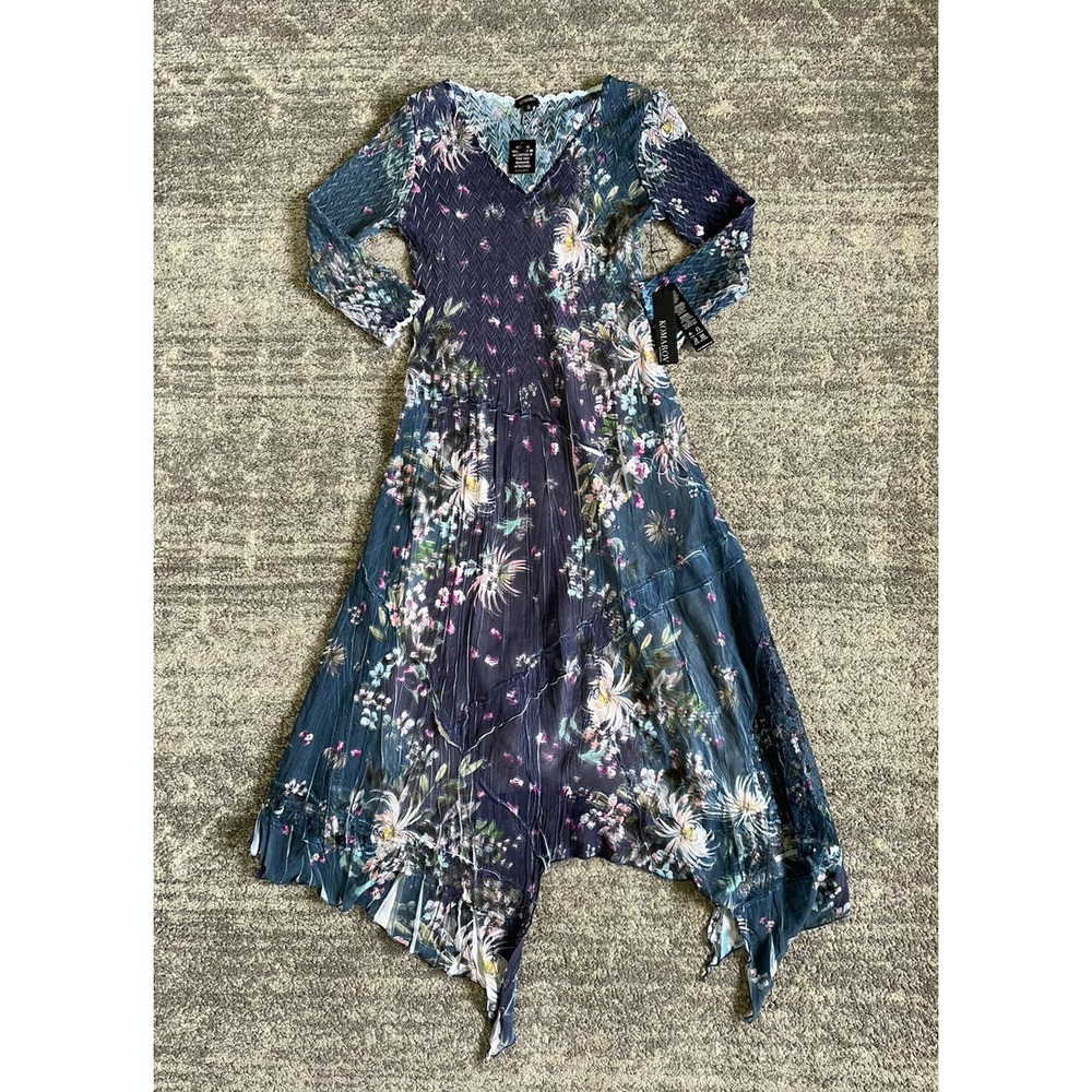 Komarov Womens S Dress V-Neck 3/4 Sleeve Floral Crinkle Long NWT O1